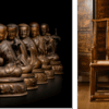 Ensemble de statuettes en bronze représentant les cinq patriarches de la tradition Sakya du bouddhisme tibétain, vendus 2.9 millions $, et un fauteuil un fauteuil à dossier Huanghuali ‘Wannian Taiping’, guanmaoyi, vendu 1.9 million $.