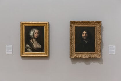 Installation view of William Dobson’s Portrait of The Artist’s Wife c.1635-40 and Self Portrait c.1635-40 at Tate Britain. Photo © Tate (Joe Humphrys)